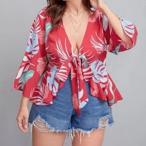 Plus tie front multi color blouse